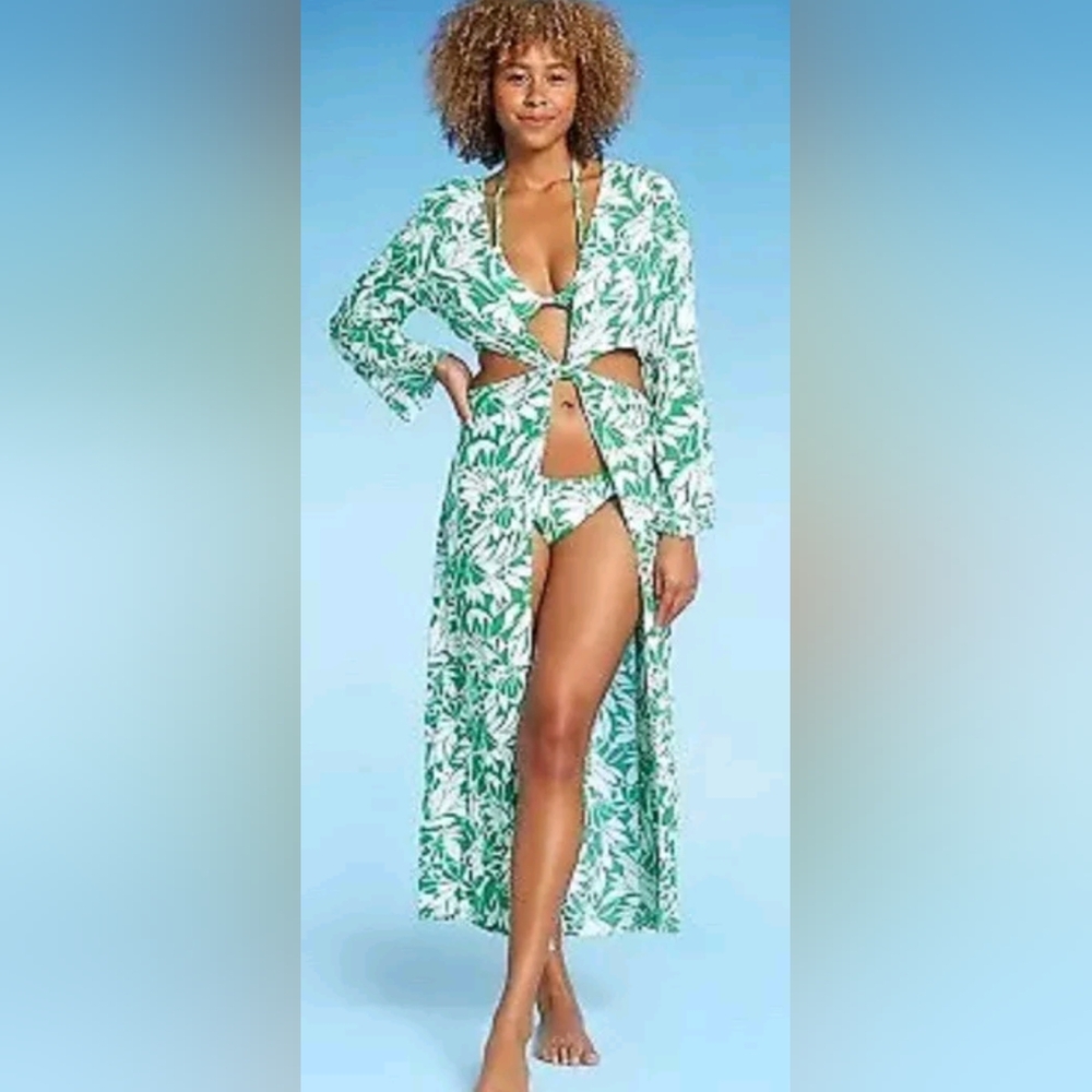 Shade & Shore Green and White Tropical Tie-Front Swim Coverup